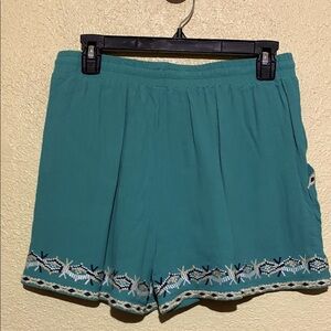 Hei Shorts Teal Embroidered Geometic Design M Elastic Waist with String Lined